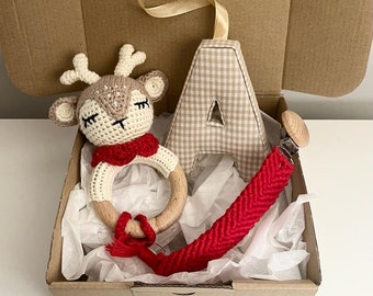 Christmas letter box, birth box, letter, rattle, pacifier clip