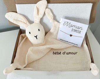 Embroidered rabbit comforter birth box, loving mom bracelet, newborn gift, birth box, new mom
