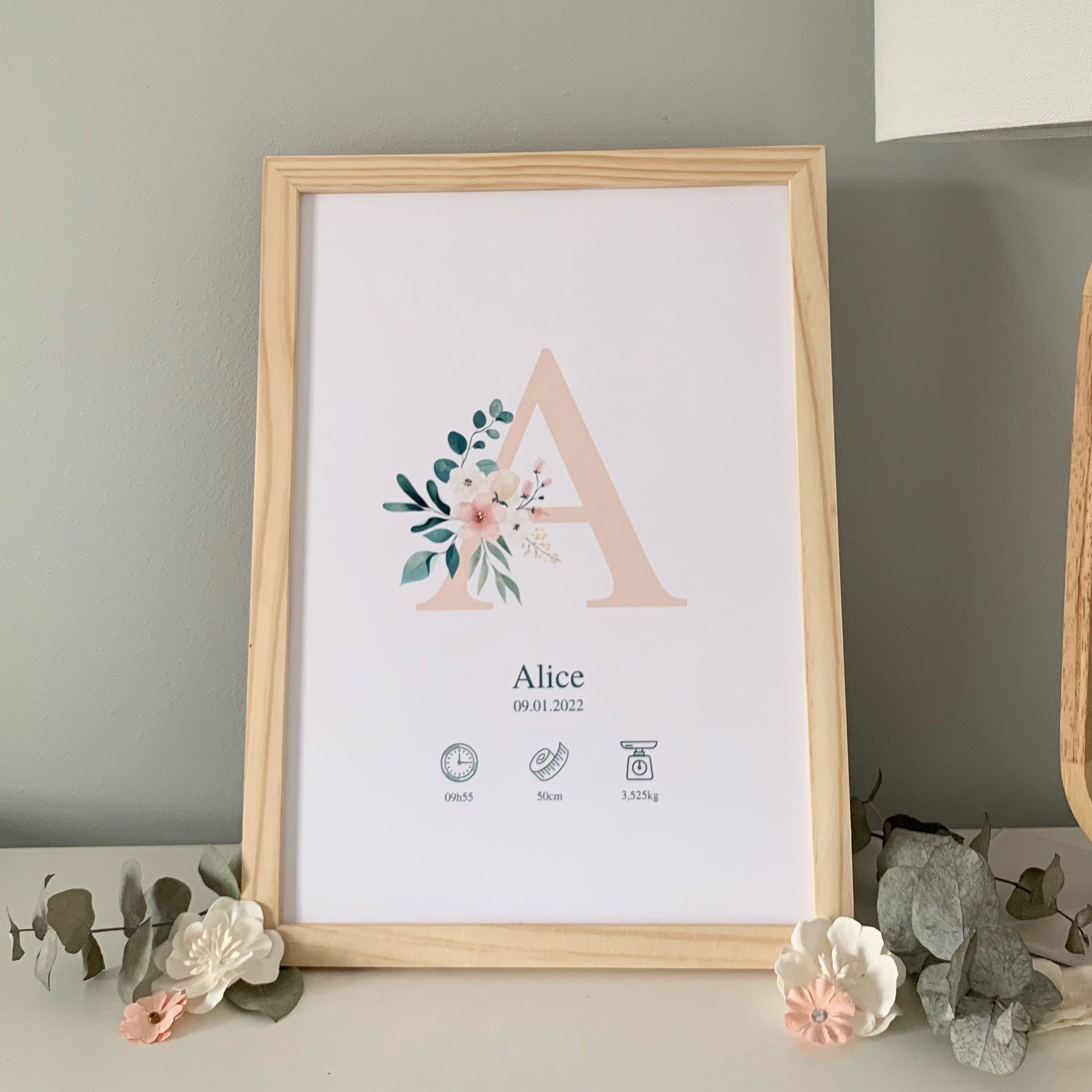 Affiche Lettre Initiale Fleurie Prénom Taille A4 - Cadeau Naissance Décoration Chambre Bébé