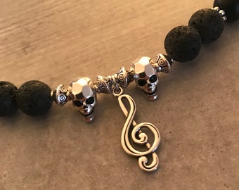 10mm Black Lava Bead Music Clef Skull Necklace, Diffuser, Aromatherapy, Rock & Roll Jewelry, Boho, Unisex, Love, Music