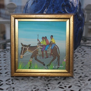 Folk art miniature Haiti Naif encadré  Hommes sur Âne D. ELPHABE haïtien