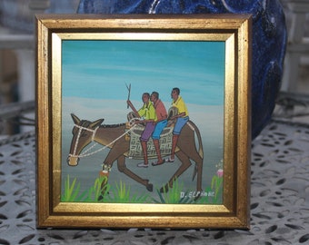 Folk art miniature Haiti Naif framed Men on Haitian ElPHABE