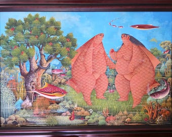 Andre Blaise Original Haitian Art Painting – Council of the Waters, Acrylic on Masonite, 20 x 30 in, Framed Caribbean Folk Art