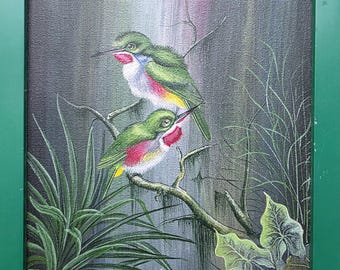 Haitian Folk Art Bird Painting – Broad-Billed Todies by Saincilus Larimer, Signed 10"x8"