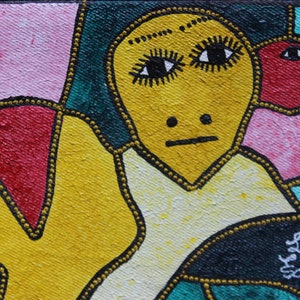 May include: Abstract painting with a yellow, red, pink, green, and black color scheme. The painting features a stylized face with large eyes and a small mouth. The painting is signed "Larry Ecil 1993".