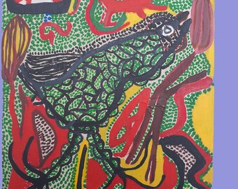 The Guinea Fowl’s Song – Original Haitian Saint-Soleil Painting by Antilhomme Richard (Acrylic on Plywood, Folk Art)