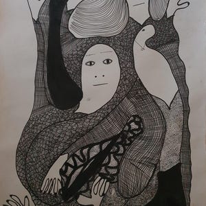 May include: Black and white abstract line drawing of two figures with a bird in the middle. The drawing is done in a stippled style. The artist's signature "Jerry Exel 97" is in the bottom right corner.