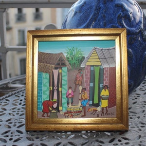 Folk art miniature Haiti primitif encadré huttes piler cuisine  D. ELPHABE
