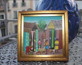 Folk art miniature Haiti primitive framed huts piler kitchen D. ELPHABE