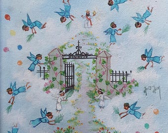 Original Haitian Painting ‘Happiness’ by Jean-Baptiste Jean | Folk Art Angels and Heavenly Garden. In English, the title is Happiness