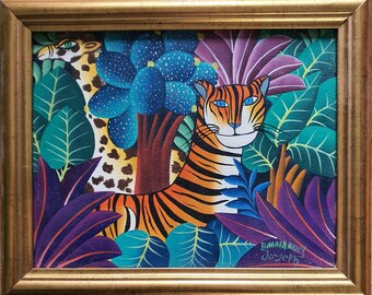 Colorful Tropical Wildlife Art – Original 8x10 Acrylic by Emmanuel Joseph (Tiger & Giraffe)