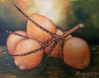 Freshly Gathered Coconuts – Original Haitian Acrylic Painting by Jean Laguerre, 5"x 7"Tropical Still Life