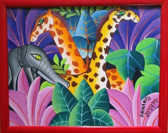 Emmanuel Joseph Original 8x10 Painting – Colorful Giraffes and Elephant Jungle Scene