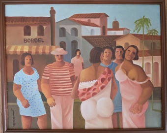 Signed Jaimendes Brazilian Figurative Painting, “O Bordel” Street Scene, Original Canvas Art, 32 x 40 cm