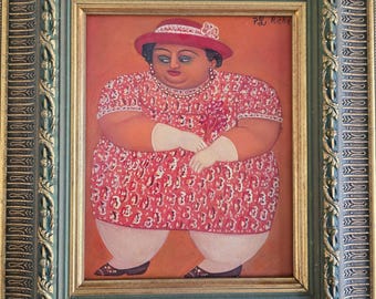 Pierre-Louis Riché Haitian Folk Art Painting “Grande Dame” – Acrylic on Masonite, 9.5 x 7.5 in