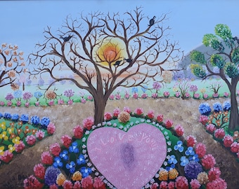 Haitian Folk Art Painting – ‘I Love You’ Heart Garden Scene with Sunset, Flowers, and Birds – Romantic Wall Decor – Signed Yola D Thermidor