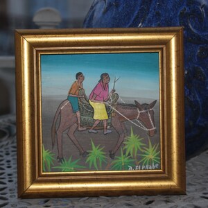 Folk art miniature Haiti primitif encadré Femmes sur Âne D. ELPHABE