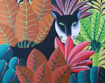 Haitian Jungle Cat Painting – Hand-Painted Acrylic Artwork by Emmanuel Joseph