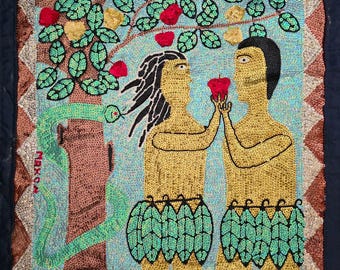 Maxon Scylla Adam and Eve Haitian Sequin Art on Satin, Hand-Sewn Textile Wall Hanging, 37 x 34.5 in