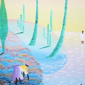 May include: A painting of a beach scene with people in white clothing standing in the water. The beach is a light blue color and there are green palm trees and cacti in the background.