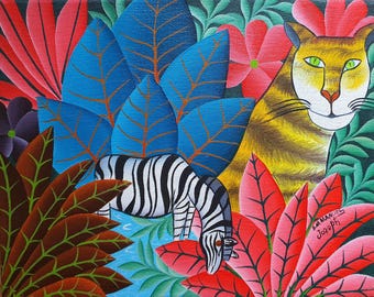 Vibrant Jungle Wildlife – Acrylic Painting by Haitian Artist Emmanuel Joseph (8x10)