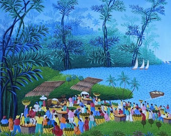 Original Haitian Painting by Henri Jean-Louis – Market Day Near Jérémie, Coastal Market Scene, Acrylic on Canvas