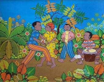 Party at Petite Riviere de L'Artibonite, Haiti , by Joseph Augustin Original Colorful Naive Style Acrylic, Dance & Music Scene