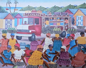 Evans Lumarc :Jou Maché a – Haitian Market Day Acrylic Painting, Colorful Tap-Tap Village Scene, 8x10 Folk Art