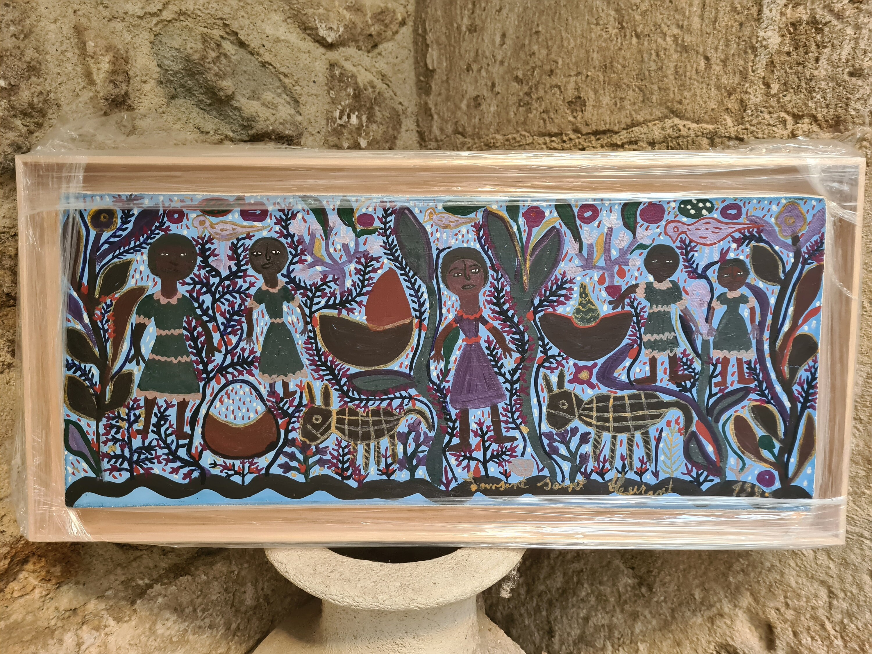 Louisianne St Fleurant framed painting Haitian Haitian rare villages people customs