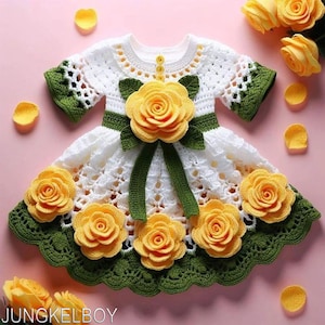 Knitted Baby Dress, Milk Cotton Yarn, Crochet Rose Appliques, 0-12 Months