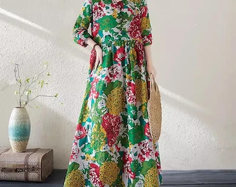 Retro Floral Maxi Dress: Oversized Cotton Blend, Long Sleeve