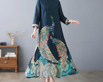 Premium HK Traditional Peacock Motif Dress JB, Peacock Dress, Maxi Dress, Unique Dress, Long Sleeve Dress, Elegant Dress, Ethnic Dress