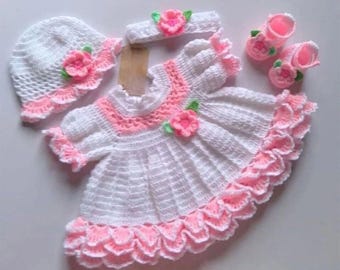 かぎ針編みのベビードレスと帽子セット：手作りの幼児用服 - Etsy 日本