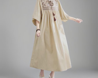 Embroidered Cotton Midi Dress: Vintage Boho Style