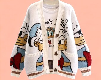 Disney Knitted Donald Duck Cardigan, Cartoon Sweaters for Women Coat, Female Autumn and Winter Clothes