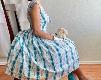 1940s 1950s  Darling Blue Hydrangeas and Paisley’s  Cotton Picnic Day Dress