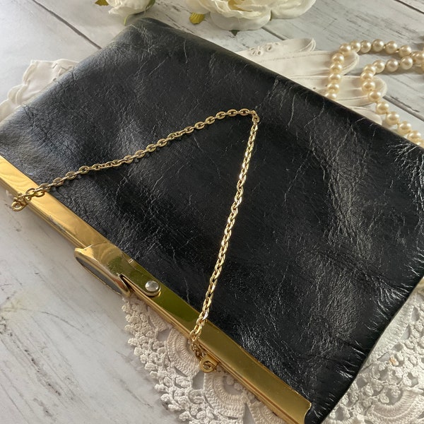 1960s Leather Etra Chic Sleek Black textured Mod Handbag Purse