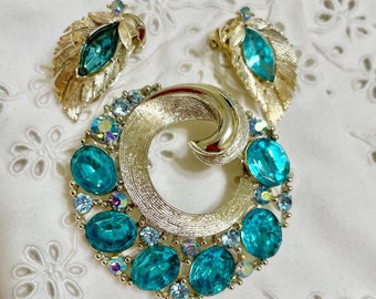 Ensemble de bijoux de créateur vintage Lisner, demi-parure, turquoise, turquoise des années 1950