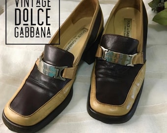 Vintage Dolce Gabbana 2 Toned Loafers Shoes with stacked heel silver Buckle