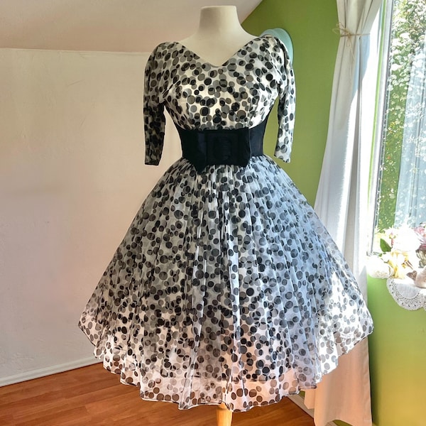 1950s Chiffon 3 Layers Betty Draper Cummerbund bow polka dot black and white Party Dre dress