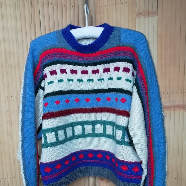 Very Retro 1980s Hand-Knitted Multi-Coloured Pullover Jumper
