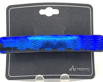 Fused Glass Barrette-Blue Dichroic with Waves