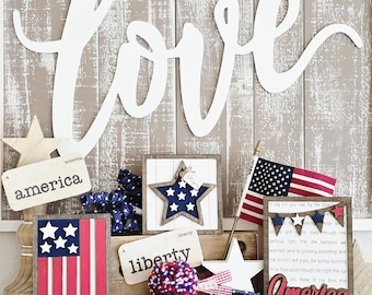 Handmade Patriotic Wood Easel Signs: Americana Farmhouse Decor.