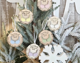 Friend Ornament, Laser Cut Basswood, Bra Gift Tag