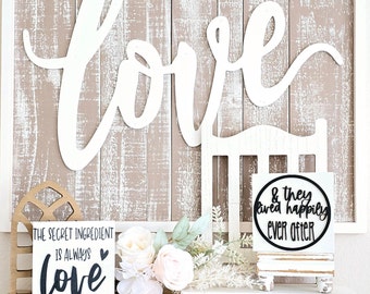 Farmhouse style love, marriage, mini signs, tiered tray decor