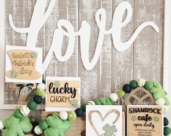 St. Patrick's Day Wood Block Signs, Laser Cut Shamrock Decor, Tier Tray Irish Accent
