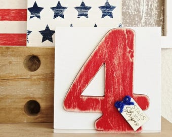 Patriotic number "4" Wood Sign: 4th of July Americana Tiered Tray Decor.