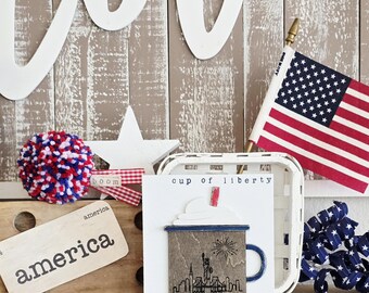 Patriotic Mug Wood Sign: 4th of July Americana Tiered Tray Decor.