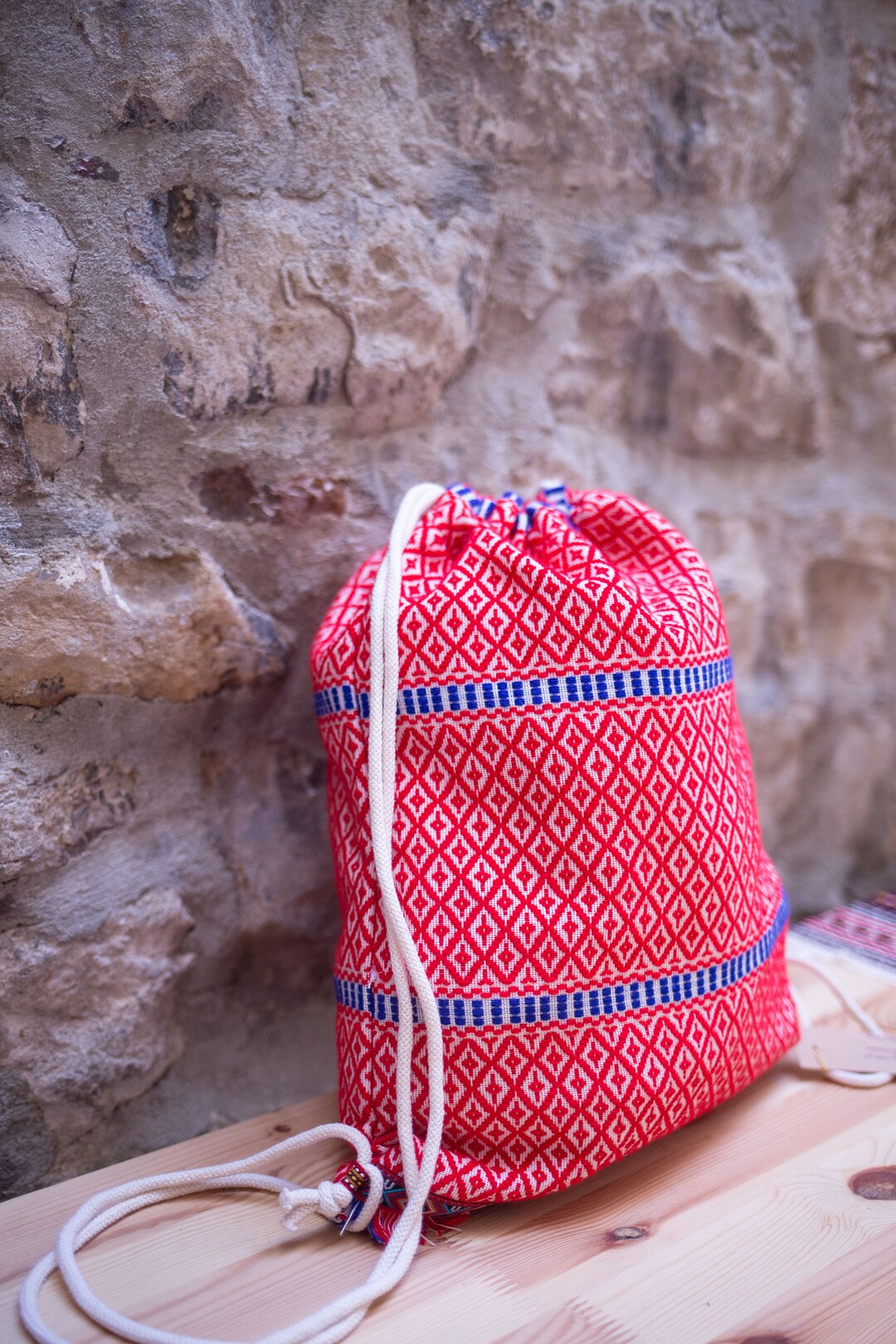 Linen Drawstring Bag Two Color Pattern Croatian Ethno Bag Traditional