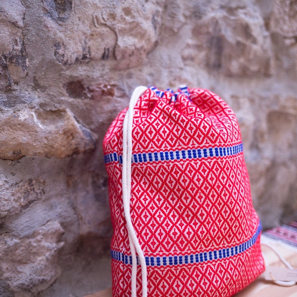 Linen Drawstring Bag Two Color pattern - Croatian Ethno Bag - Traditional Croatian pattern - Linen Flax seed bag - Summer Backpack